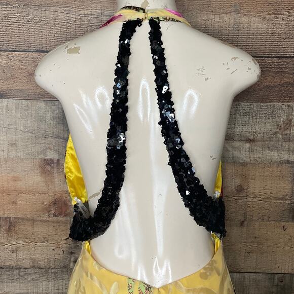 Paris Tony Bowls Yellow Floral Tiger Plunging Neck Sequin Silk Gown Dress Size 8 - Picture 8 of 14